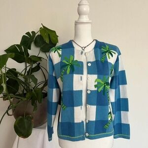 VTG Cardigan Palm Sprints Checkered Cardigan Beaded Embroidered Old Money Golf